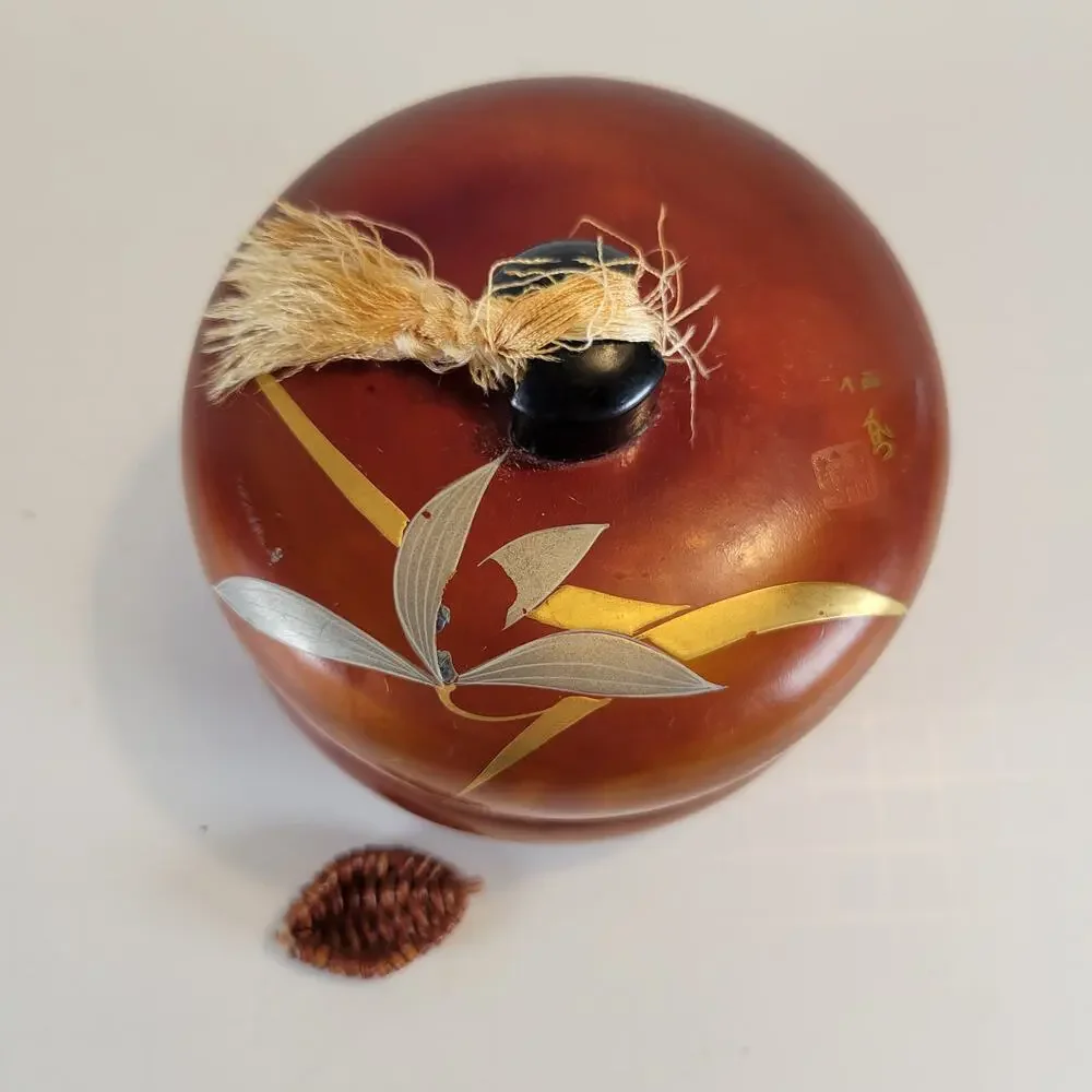 Vintage Japanese Lacquer Trinket Box Red Bamboo Design 4